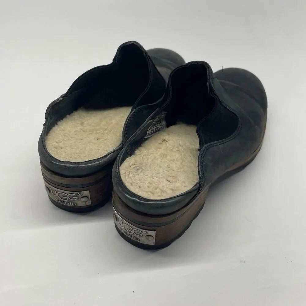 UGG Australia Womens 8.5 Leather Black Mules Clogs Sheepskin Lined Slip-on Shoes